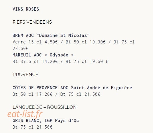 Carte et menu de Le Casier à Saint Gilles Croix de Vie — Les vins rosés