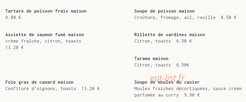 Carte et menu de Le Casier à Saint Gilles Croix de Vie — Les entrées