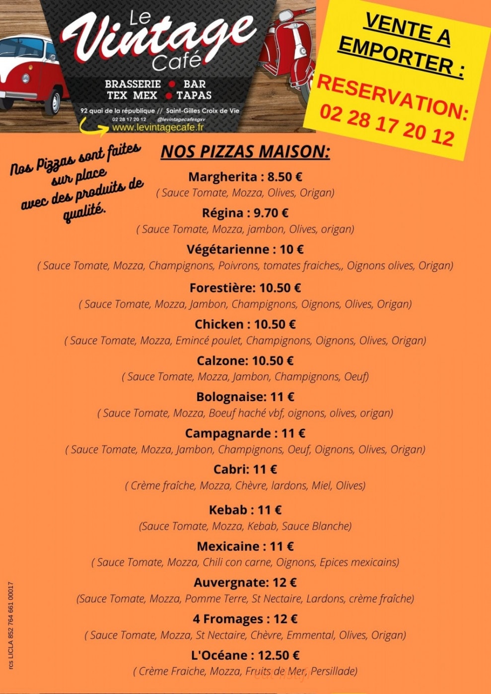 Carte et menu de Le Vintage Café à Saint Gilles Croix de Vie — pizzas à emporter