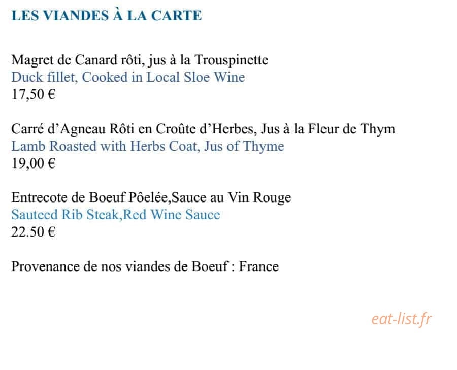 Carte et menu de Les Océanides à Saint Gilles Croix de Vie — les viandes
