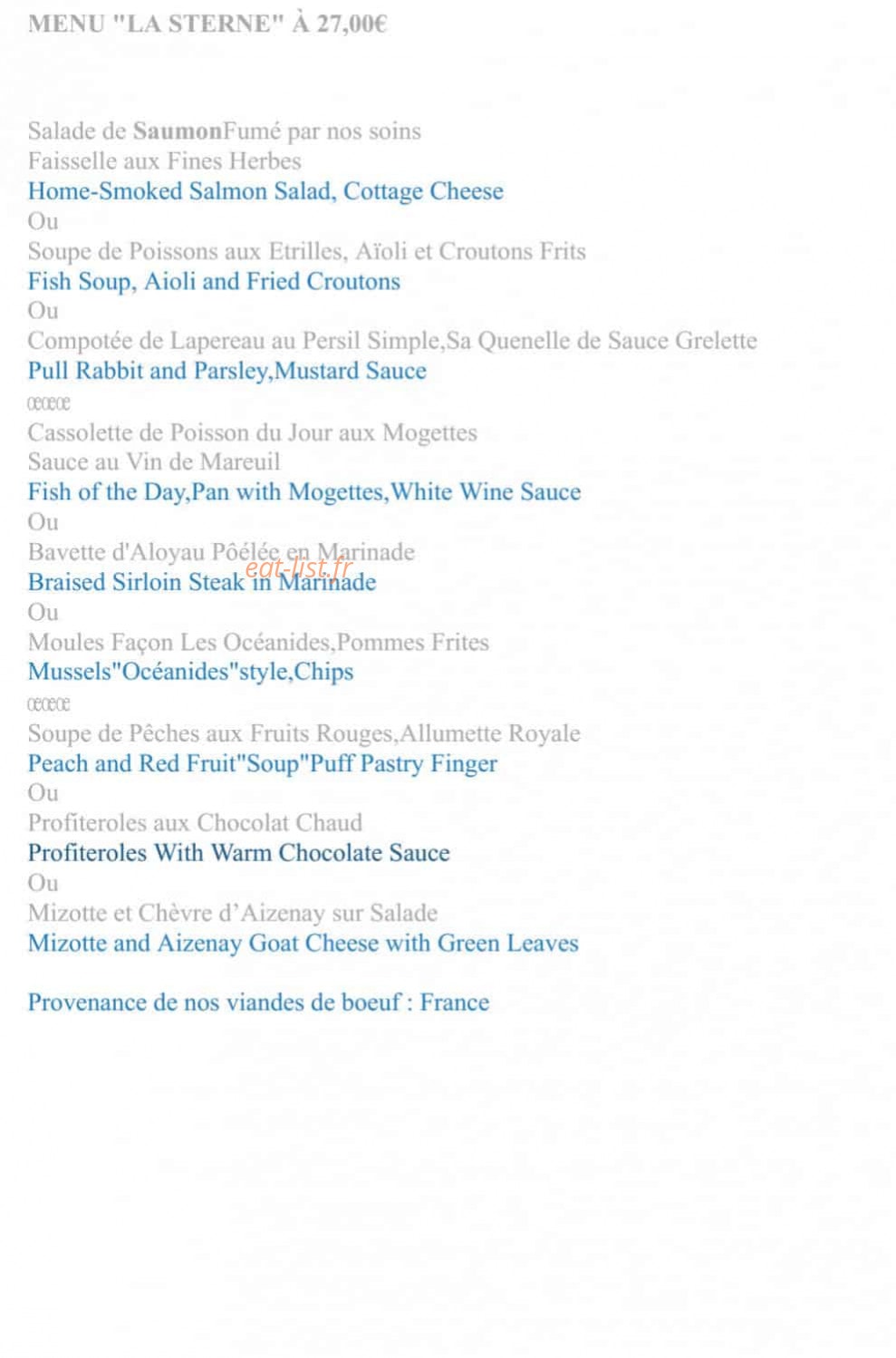 Carte et menu de Les Océanides à Saint Gilles Croix de Vie — menu à 27€