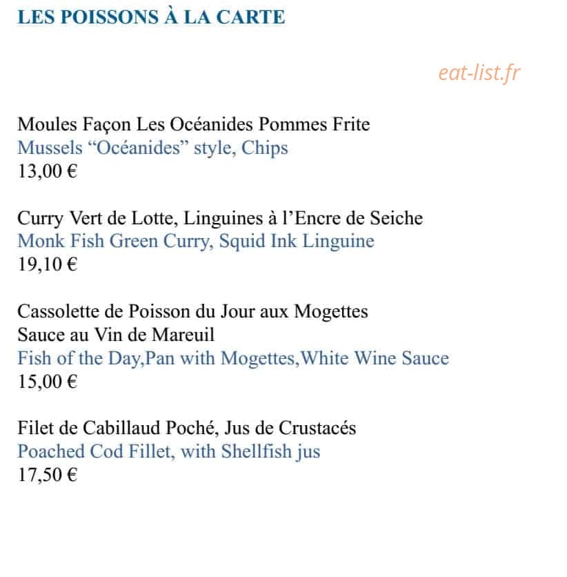 Carte et menu de Les Océanides à Saint Gilles Croix de Vie — les poissons
