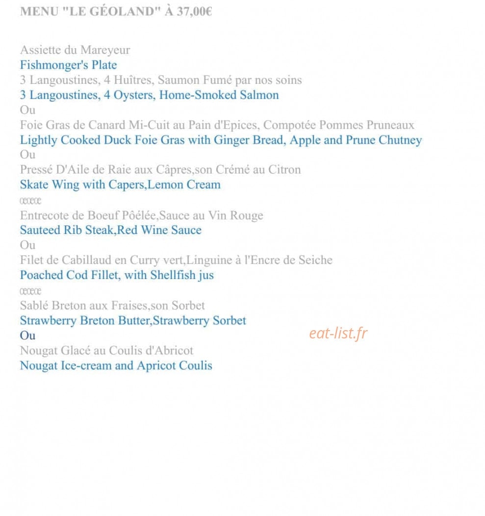 Carte et menu de Les Océanides à Saint Gilles Croix de Vie — menu à 37€