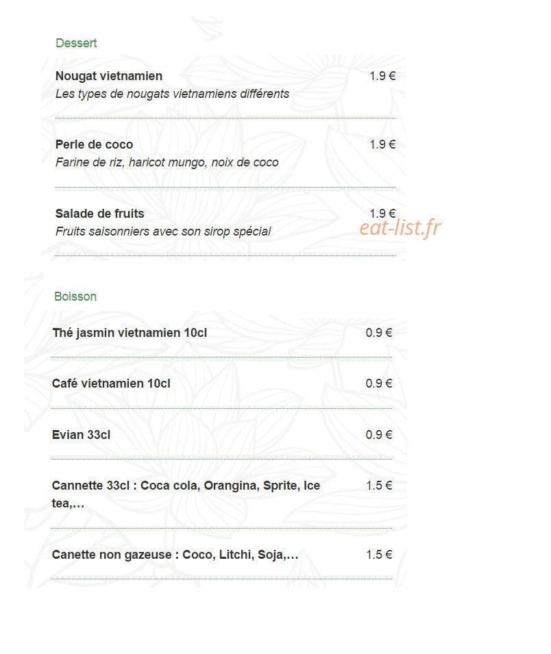 Carte et menu de Au p'tit Vietnam à Poitiers — Les desserts et boissons