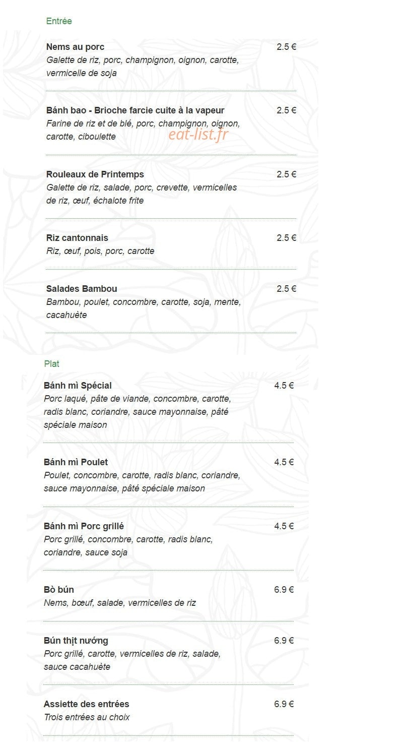Carte et menu de Au p'tit Vietnam à Poitiers — Les entrées et plats