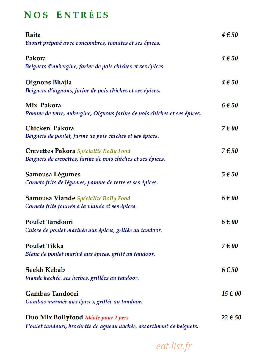 Bolly Food — carte page 1