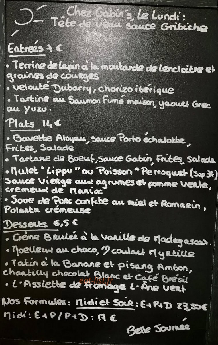 Chez Gabin’s — carte page 1