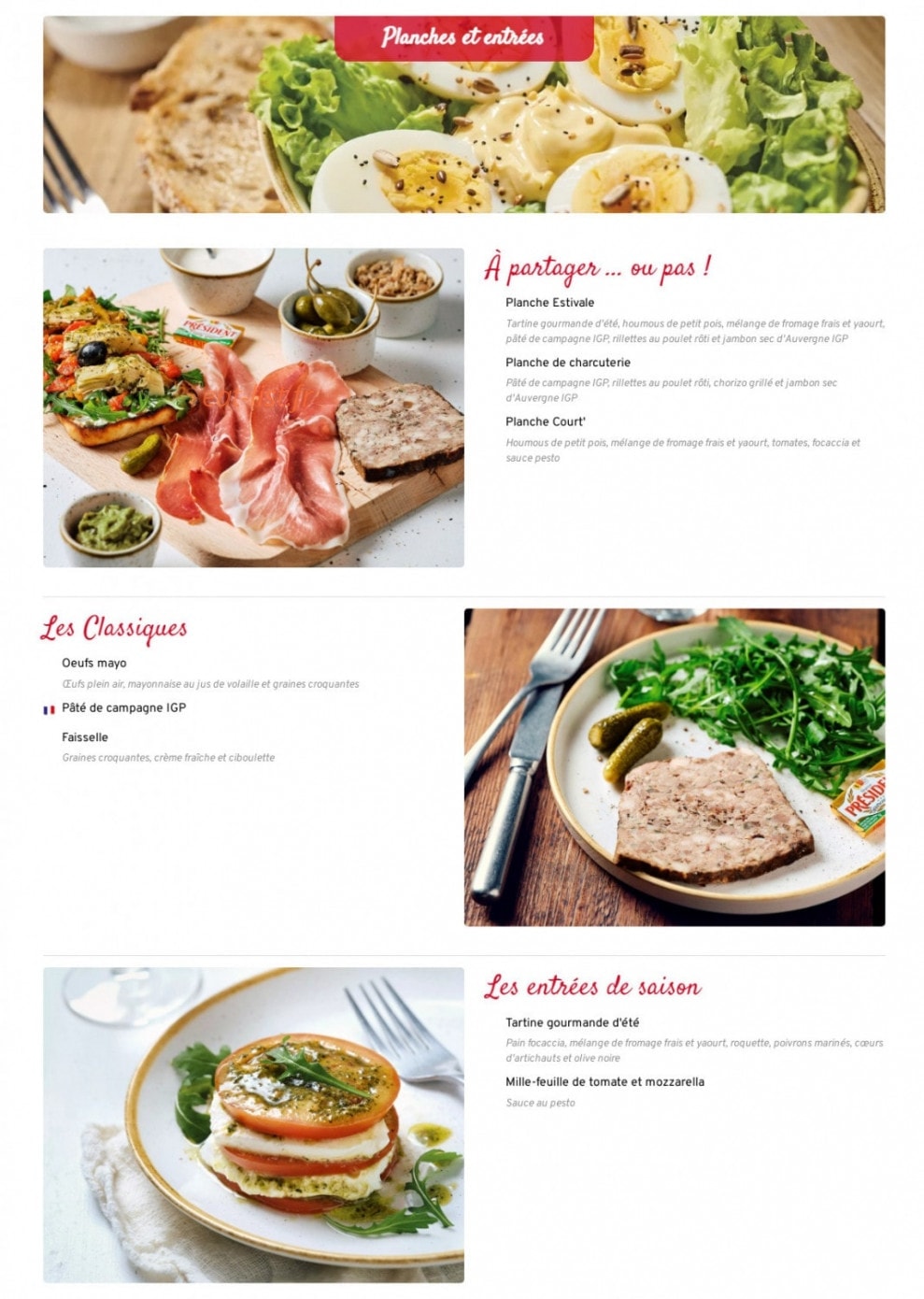 Carte et menu de Courtepaille à Jaunay-Marigny — Les planches et entrées