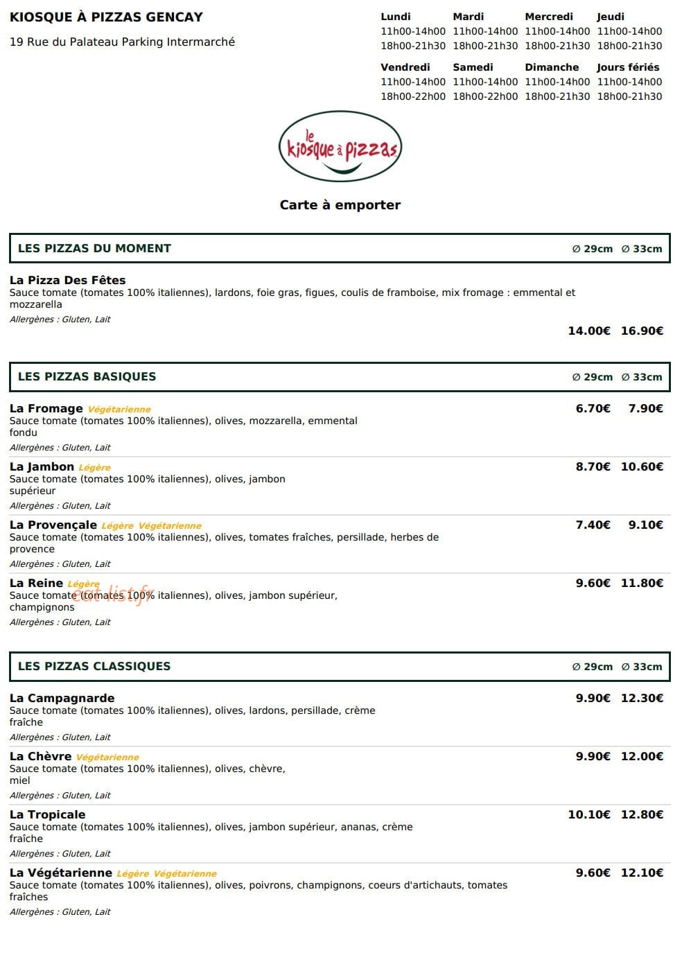 Le kiosque à Pizzas — carte page 1