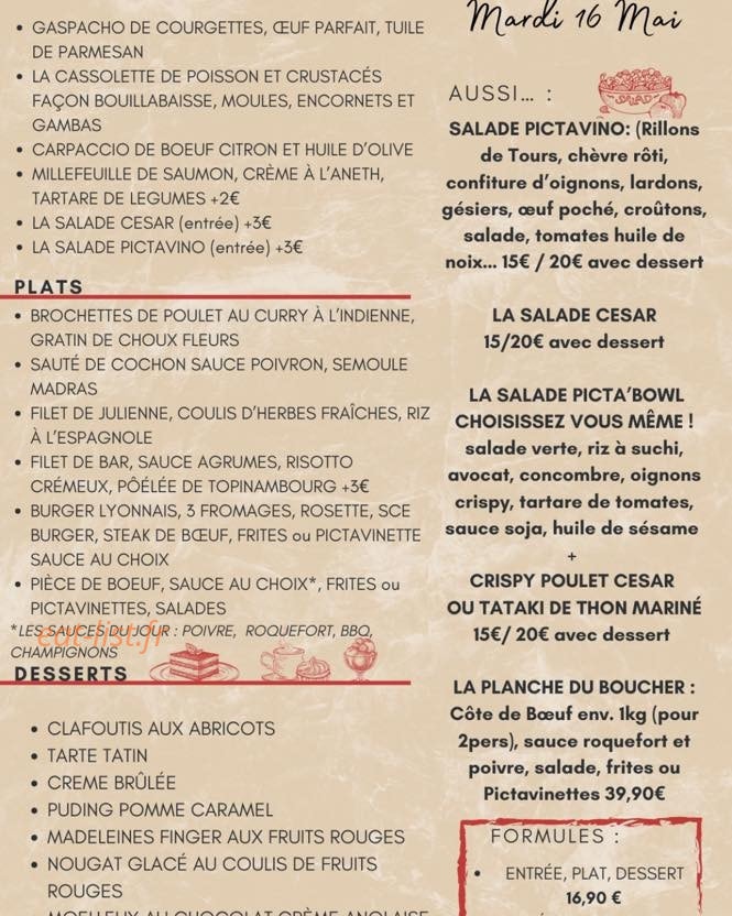 Carte et menu de Pictavino à Neuville de Poitou — Un exemple de menu du jour
