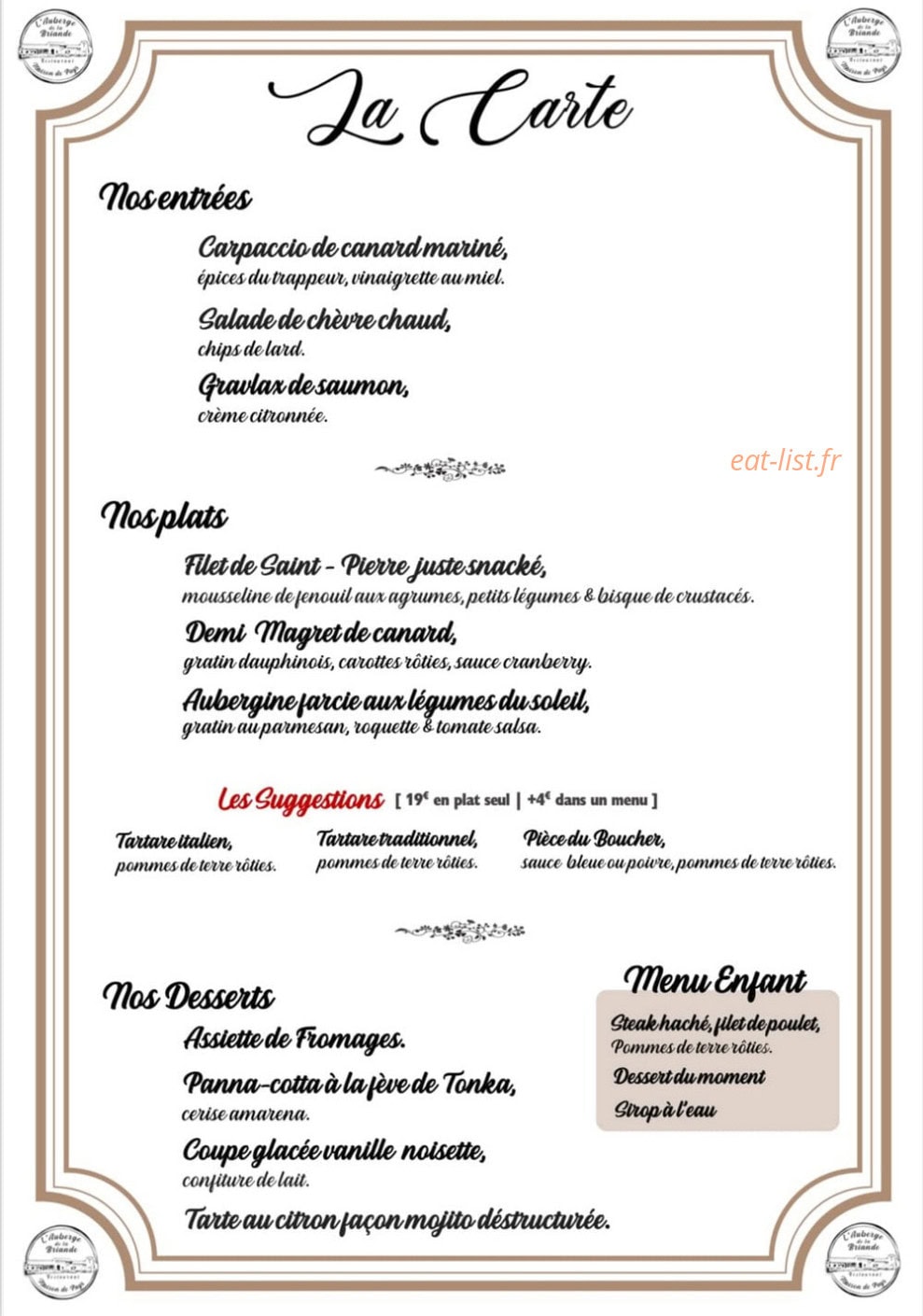 Auberge De La Briande — carte page 1