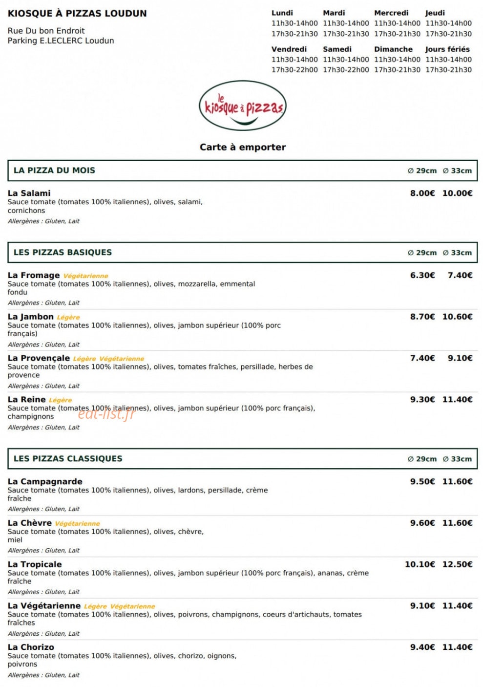 Le Kiosque à Pizzas — carte page 1