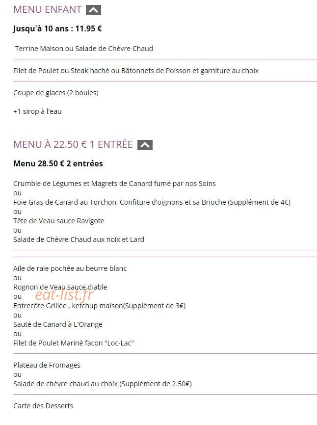 Carte et menu de Auberge des Quat'Z Assiettes à Smarves — Menu enfant,...
