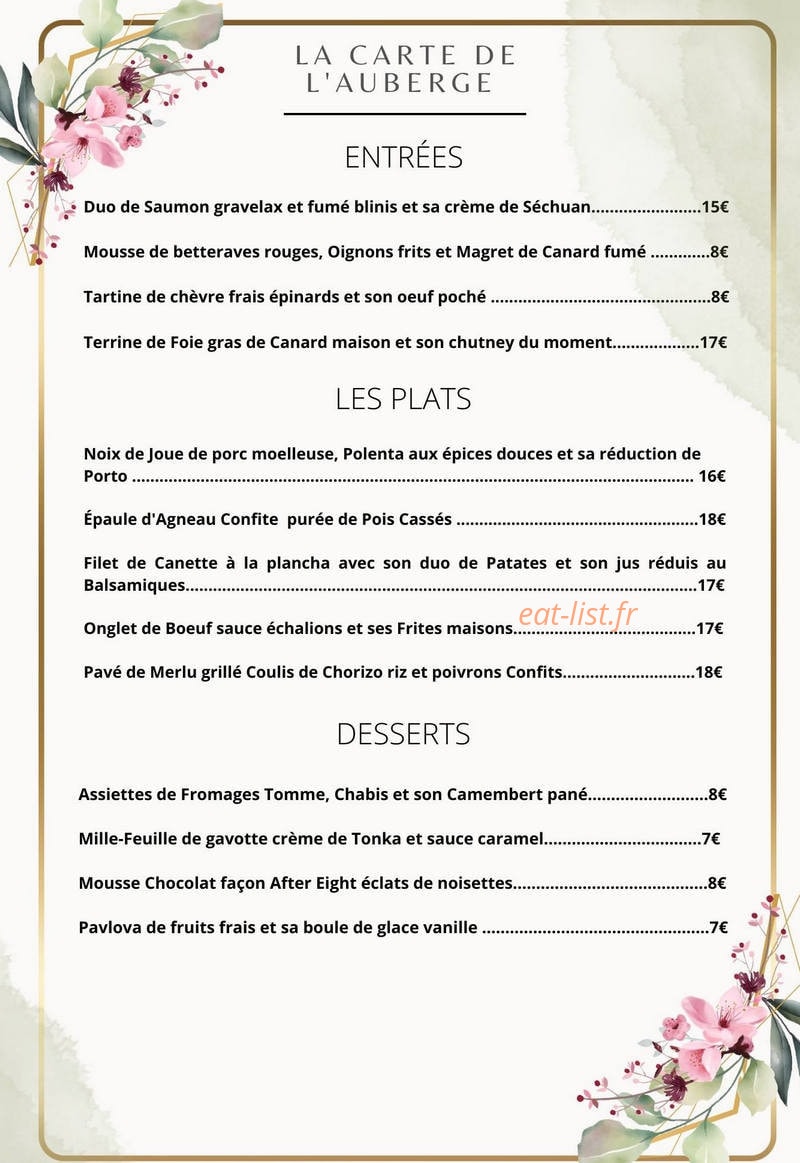 Carte et menu de Auberge de Vindobriga à Saint-Martin-la-Pallu — Les entrées, plats et desserts