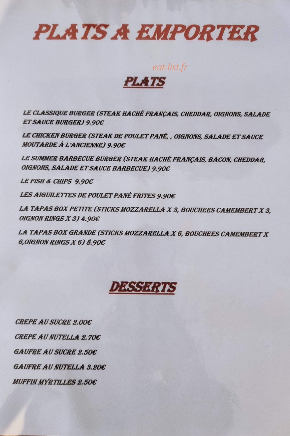 Au Petit Bistrot — carte page 1