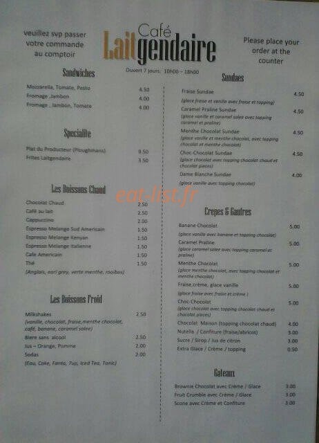 Carte et menu de Cafe Laitgendaire à Availles Limouzine — sandwiches, boissons, crêpes...