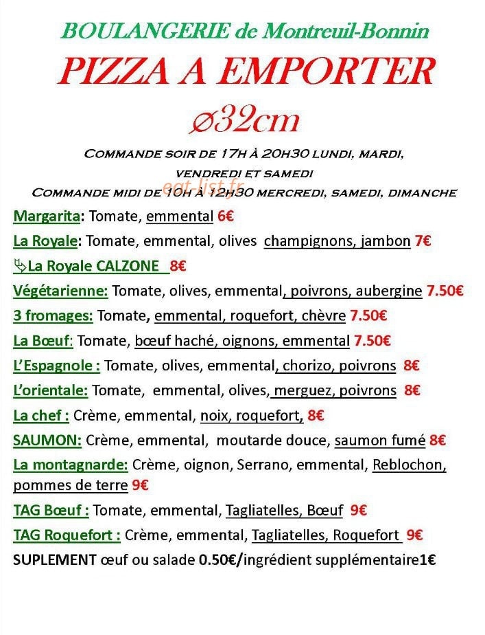 Carte et menu de Boulangerie Pâtisserie du Château à Boivre-la-Vallée — Les pizzas à emporter