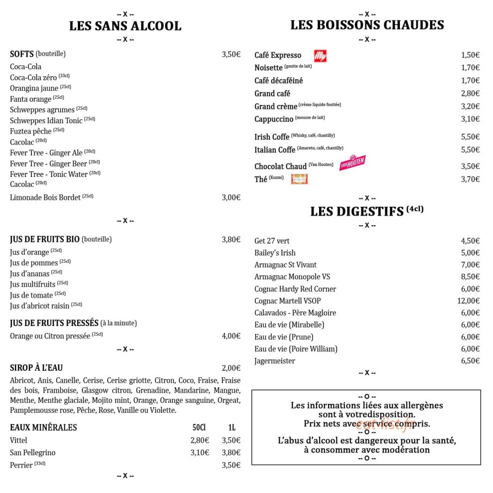 Carte et menu de L'Auberge de la Tannerie à Boivre-la-Vallée — Les boissons