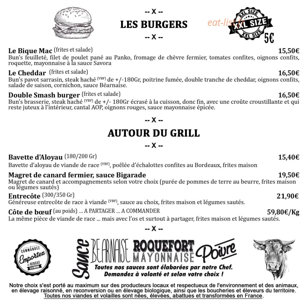 Carte et menu de L'Auberge de la Tannerie à Boivre-la-Vallée — Les burgers et autour du grill