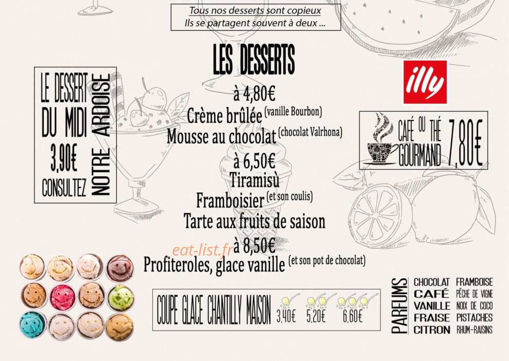 Carte et menu de L'Auberge de la Tannerie à Boivre-la-Vallée — Les desserts