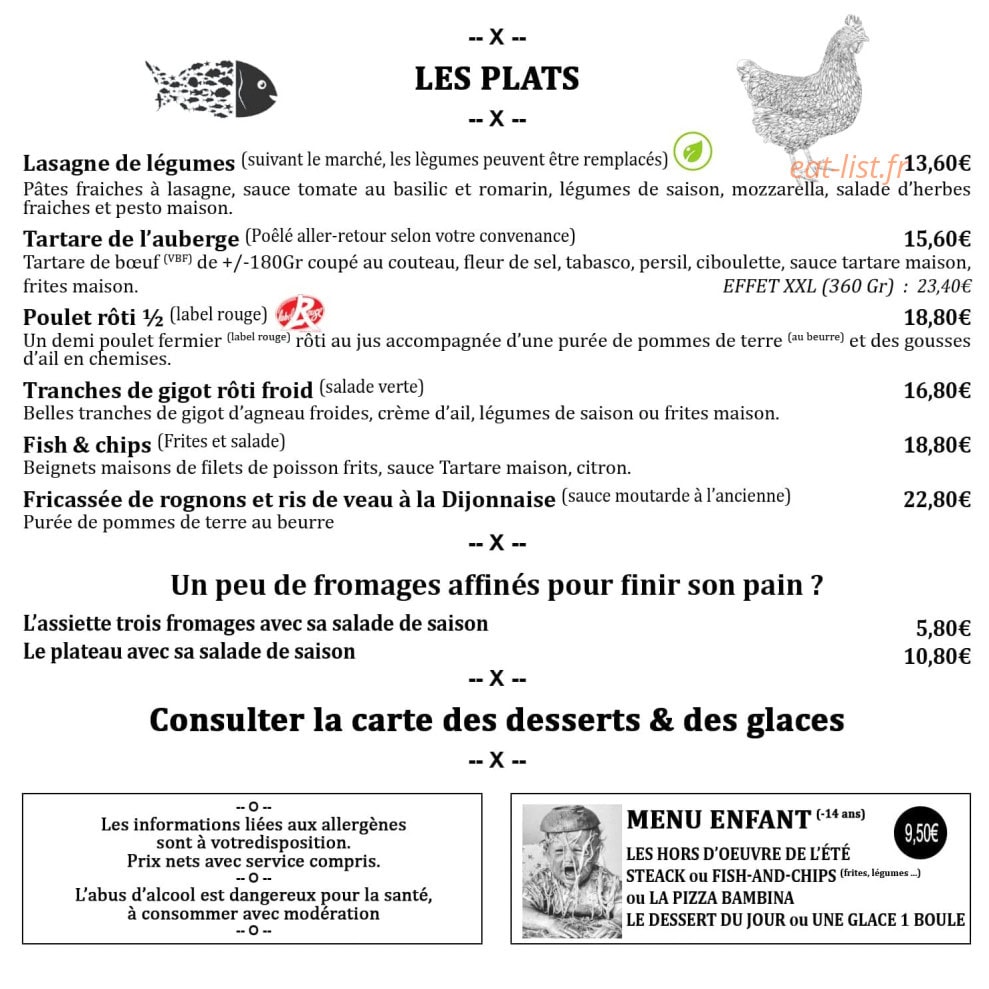 Carte et menu de L'Auberge de la Tannerie à Boivre-la-Vallée — Les plats