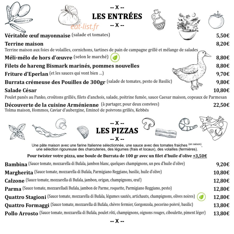 Carte et menu de L'Auberge de la Tannerie à Boivre-la-Vallée — Les entrées et pizzas