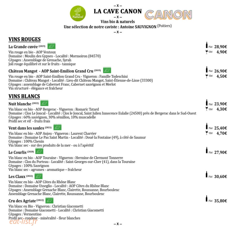 Carte et menu de L'Auberge de la Tannerie à Boivre-la-Vallée — Les vins rouges, vins blancs