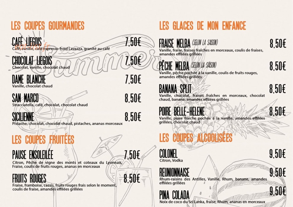 Carte et menu de L'Auberge de la Tannerie à Boivre-la-Vallée — Les coupes et glaces