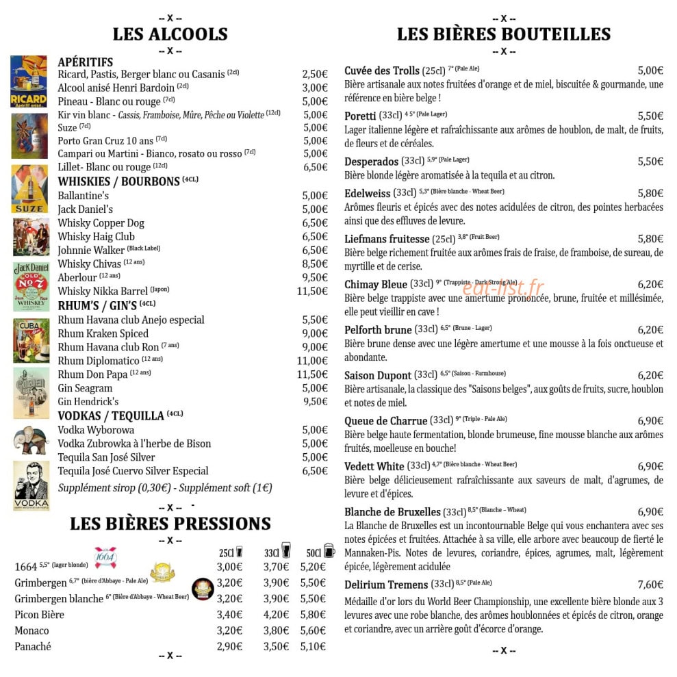 Carte et menu de L'Auberge de la Tannerie à Boivre-la-Vallée — Les alcools et bières pressions