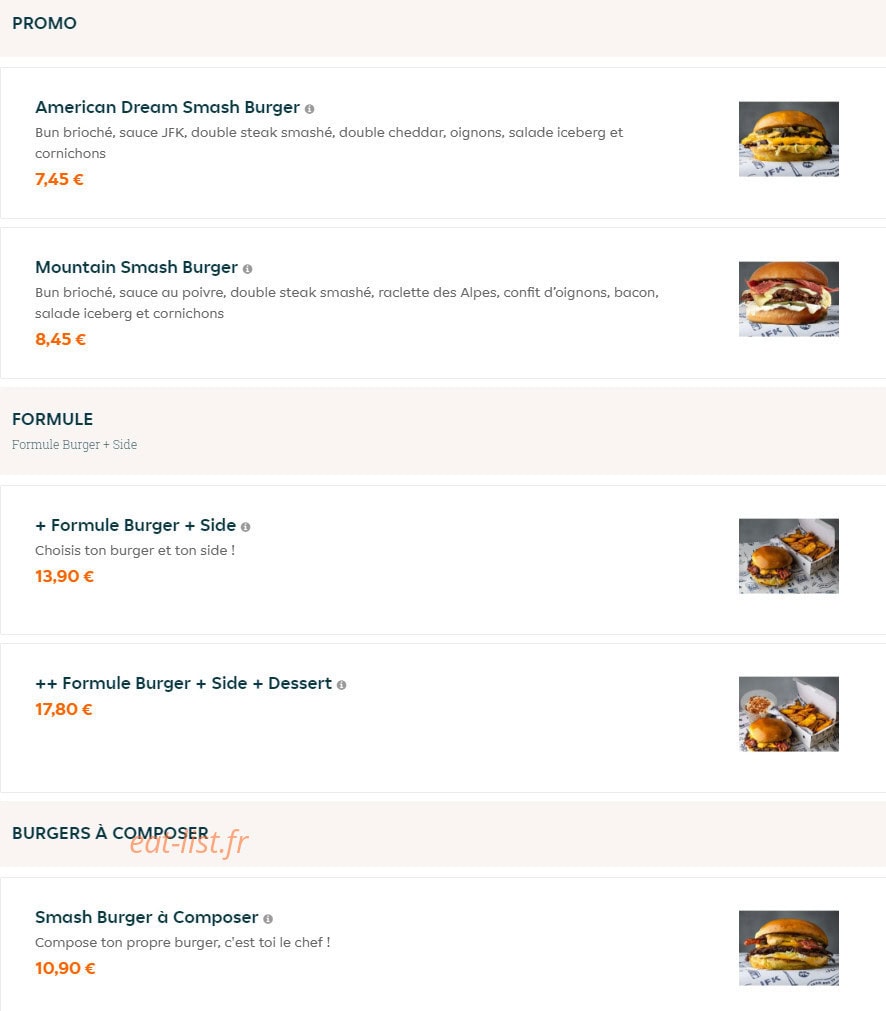 JFK Burger — carte page 1