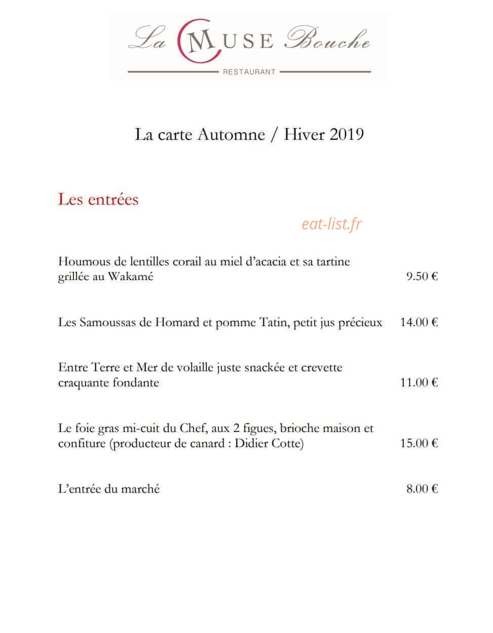 La Muse Bouche — carte page 1