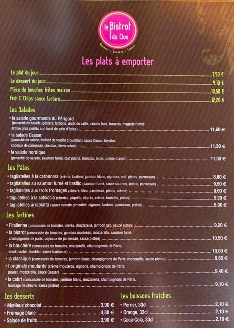 Le bistrot du clos — carte page 1