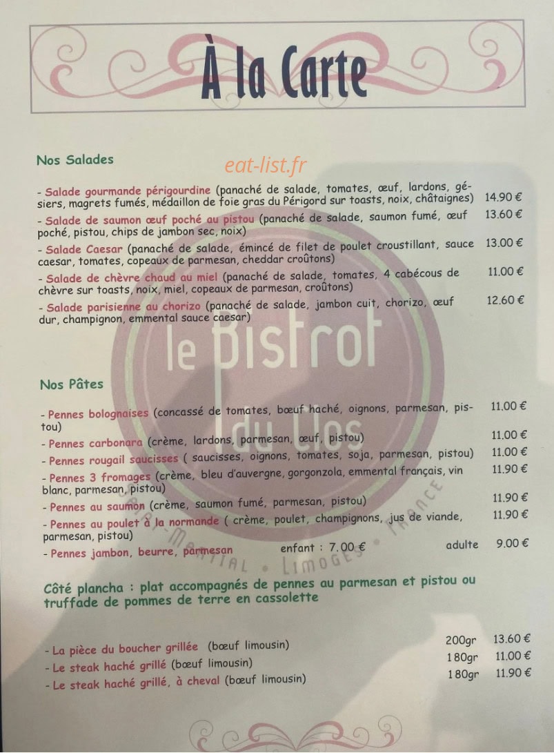 Le Bistrot du Clos — carte page 1