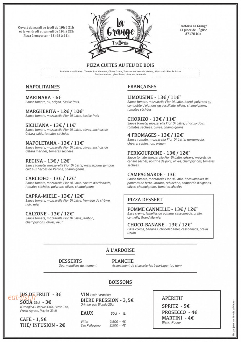 Trattoria La Grange — carte page 1