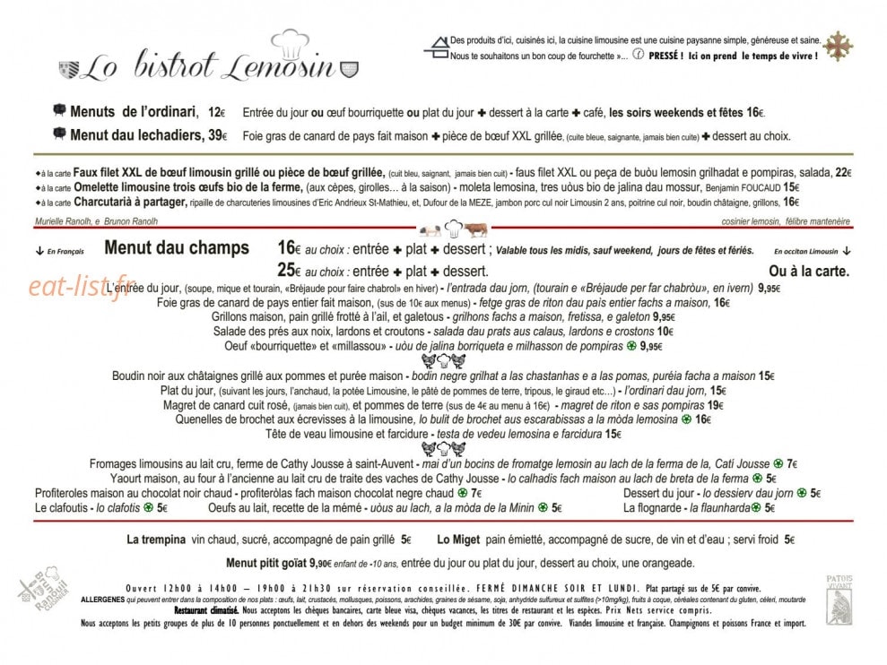 Le bistrot Lemousin — carte page 1