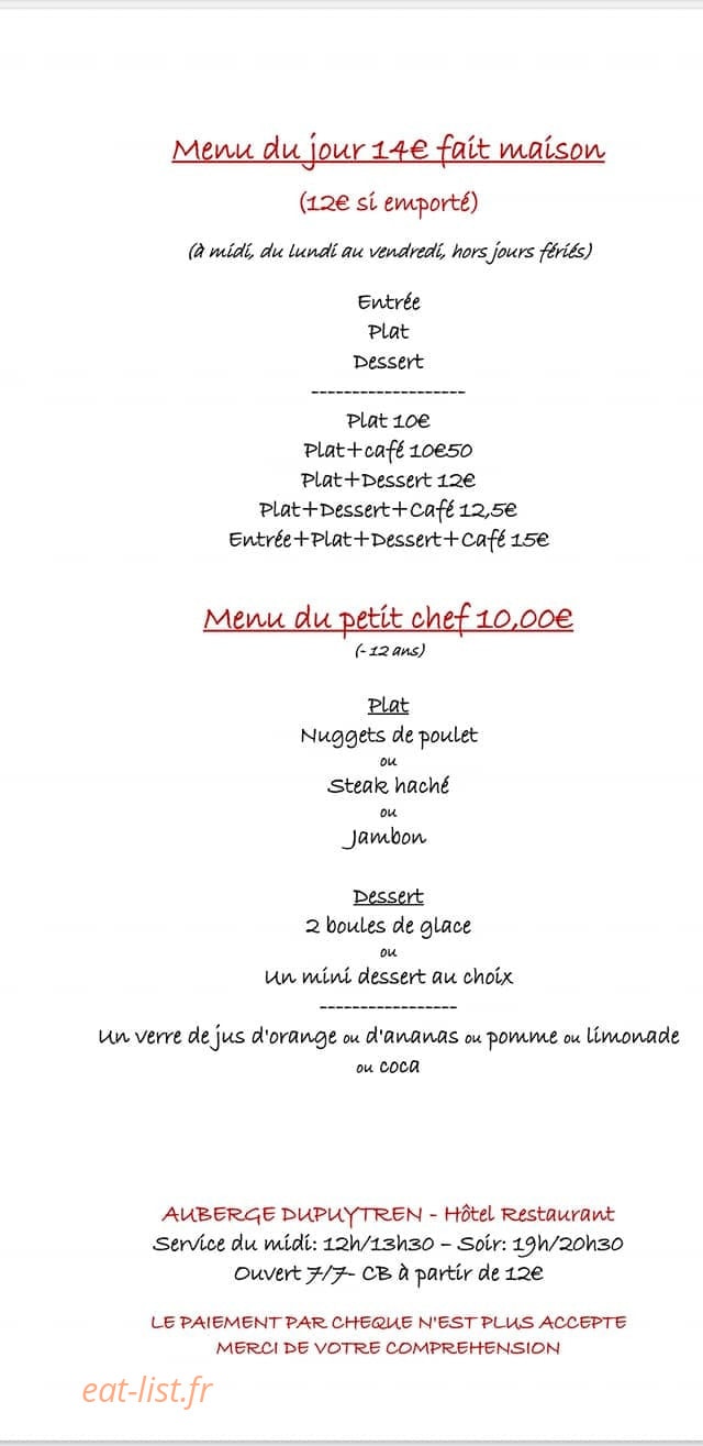 Carte et menu de Auberge Dupuytren à Pierre Buffiere — Le menu du jour et menu enfant