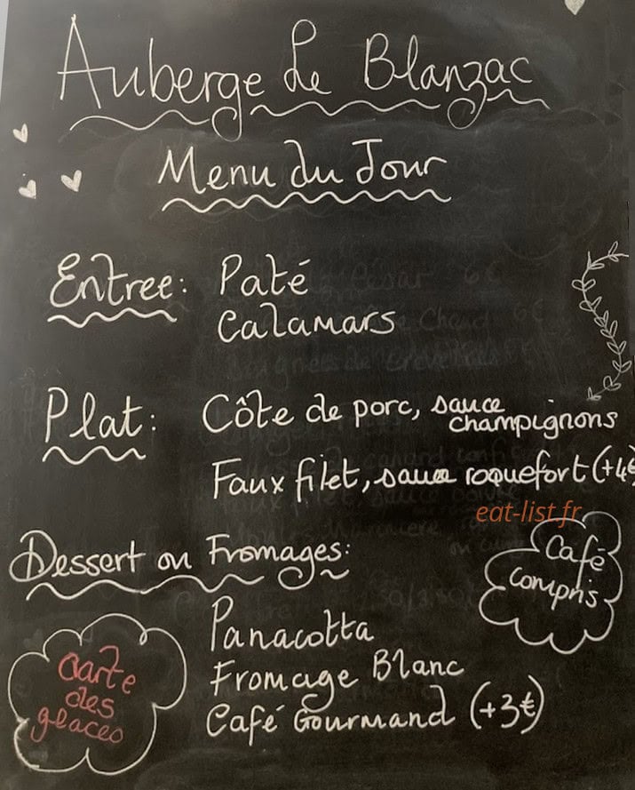 Auberge Le Blanzac — carte page 1