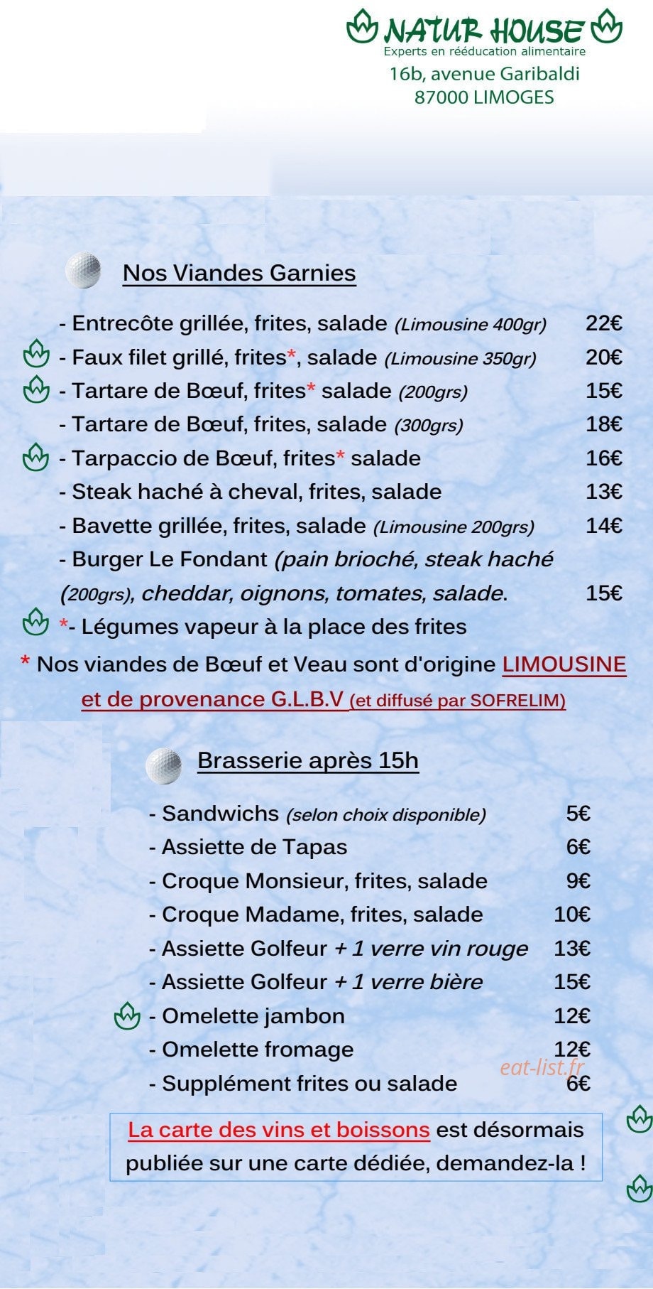 Restaurant du golf de la porcelaine — carte page 2