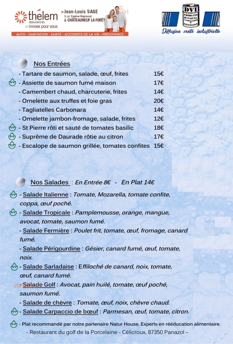 Restaurant du golf de la porcelaine — carte page 1