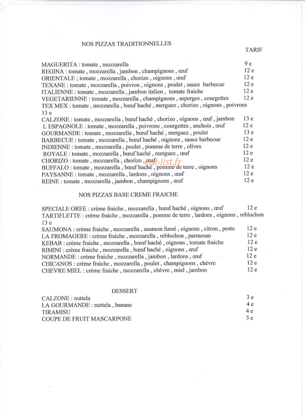Carte et menu de Ha la bella pizza del villaggio à Magnac Bourg — Les pizzas traditionnelles
