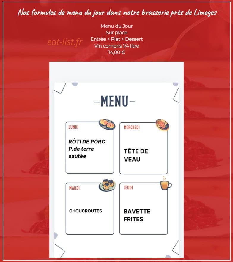 Carte et menu de Chez Maria et Jean-Marie Frichet à Saint Priest Taurion — Les menus de la semaine