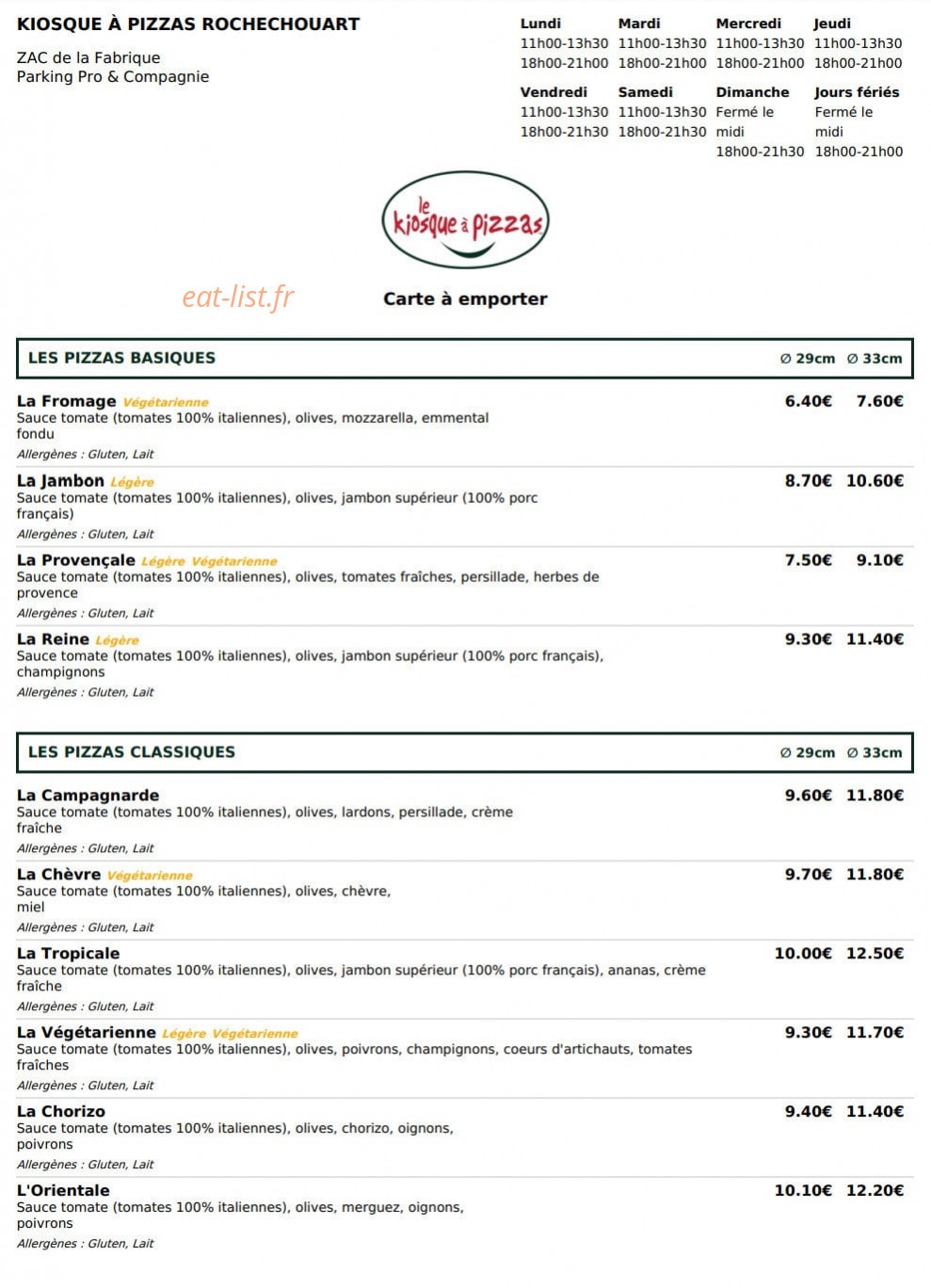 Le Kiosque à Pizzas — carte page 1