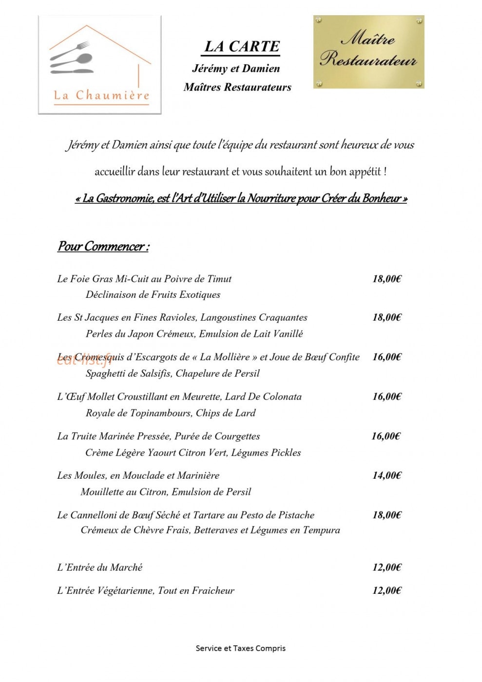 La Chaumière — carte page 1