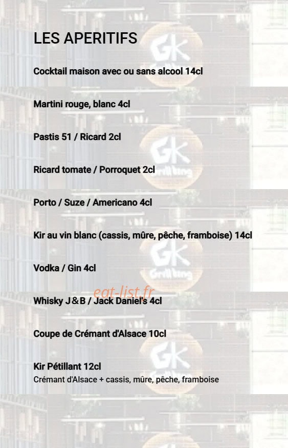 Carte et menu de Grill King à Jeuxey — Les apéritifs