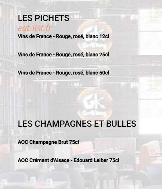 Carte et menu de Grill King à Jeuxey — Les pichets, champagnes et bulles