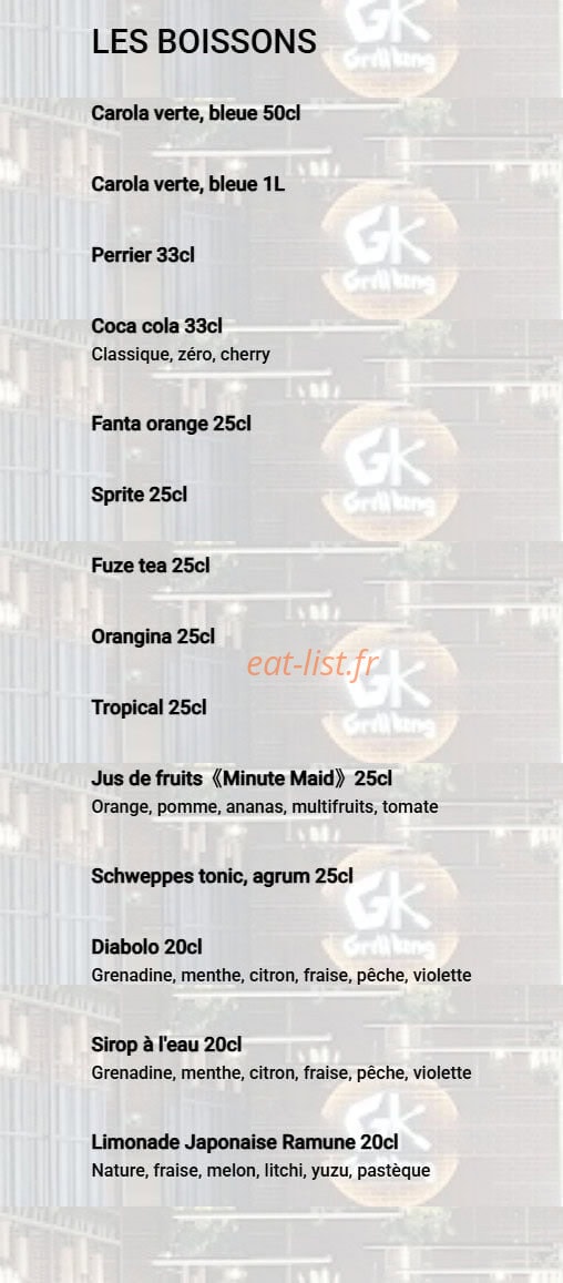 Carte et menu de Grill King à Jeuxey — Les boissons