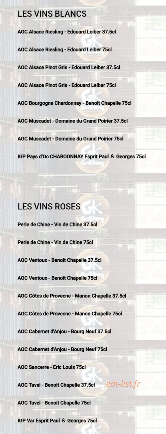 Carte et menu de Grill King à Jeuxey — Les vins blancs et rosés