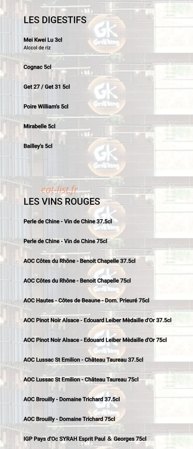 Carte et menu de Grill King à Jeuxey — Les digestifs et vins rouges