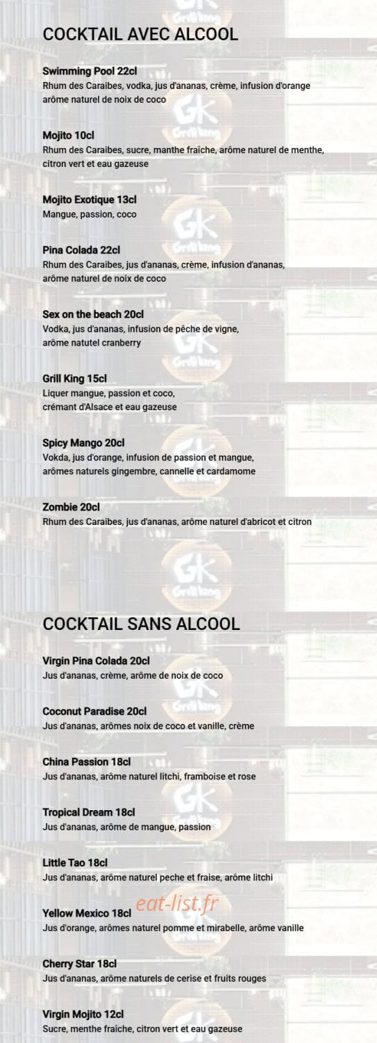 Carte et menu de Grill King à Jeuxey — Les cocktails