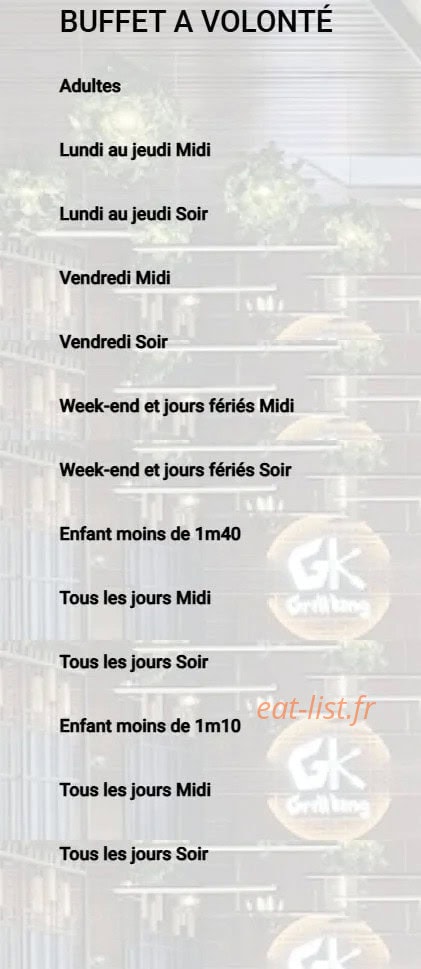 Carte et menu de Grill King à Jeuxey — Les buffets à volonté